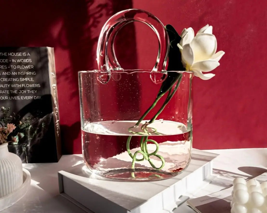 Clear Glass Bag: Unique Handbag Vase and Cocktail Container